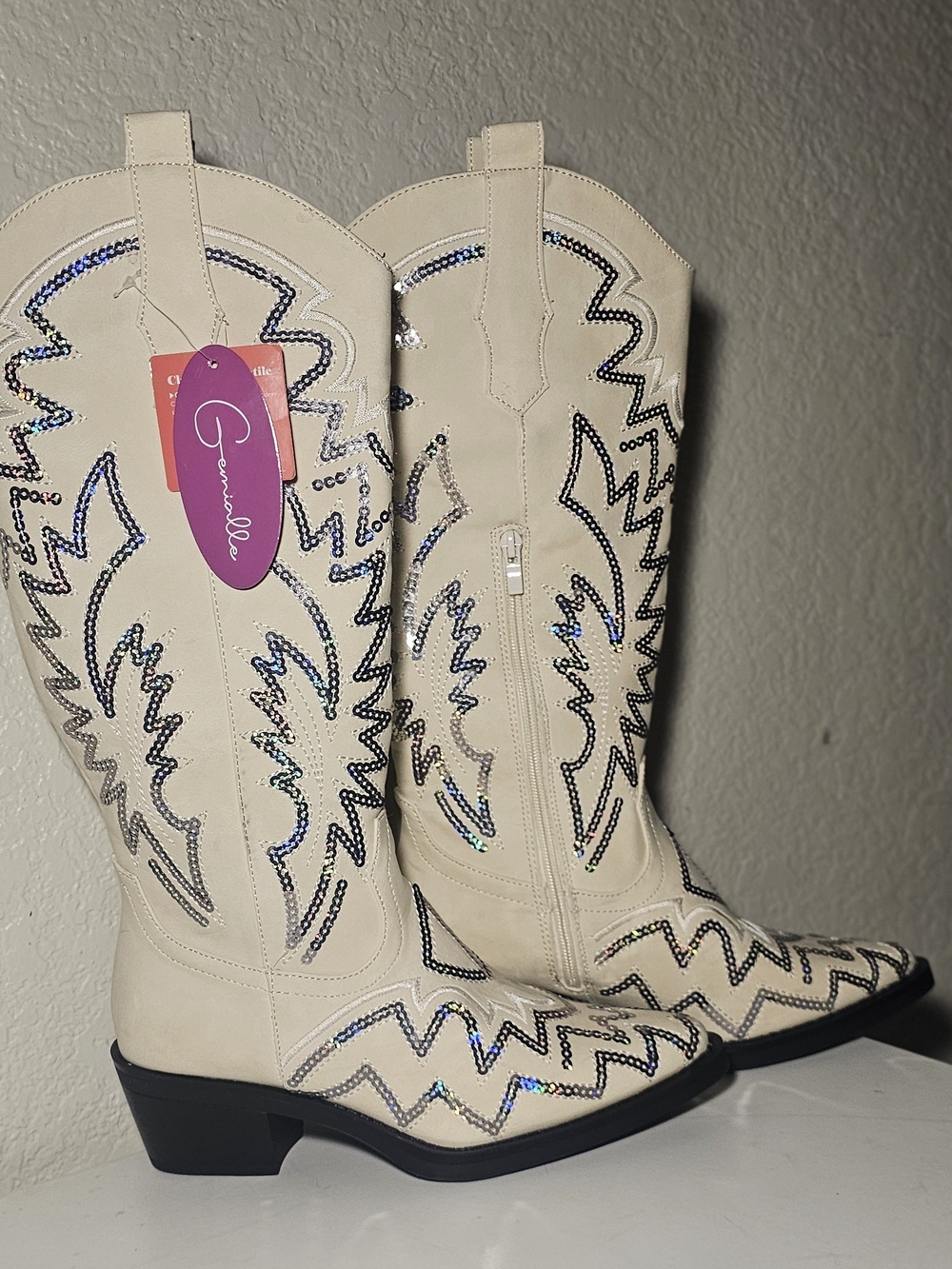 Brand New Gemialle Cream Cowboy Boots with Sequins (NWT)